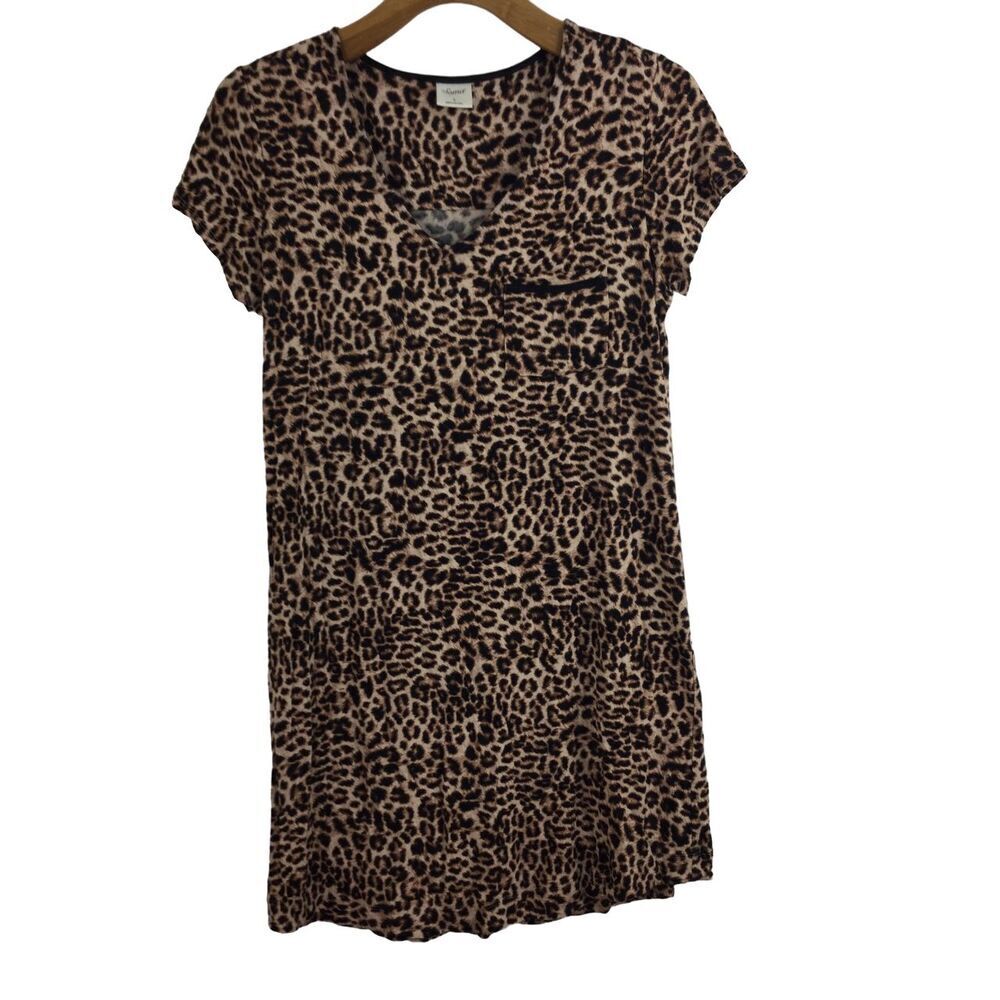 Soma Womens Leopard Print V-Neck Short Sleeve Sleep Shirt Mini Dress Brown Small